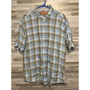 Newport Isle Short Sleeve Button Up 100% Linen, Multicolor Large Plaid #259